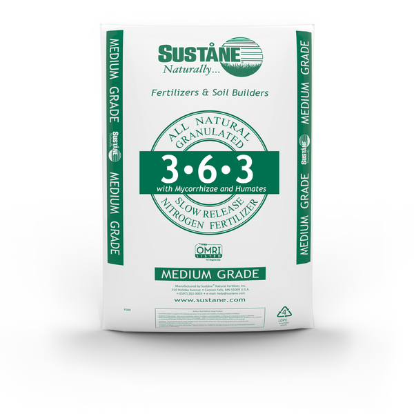white with green product bag for Suståne 3-6-3 Mycorrhizae, & Humates fertilizer