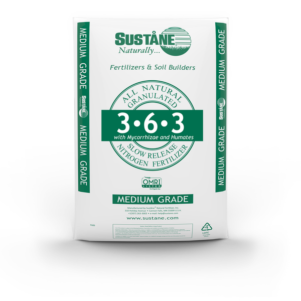 white with green product bag for Suståne 3-6-3 Mycorrhizae, & Humates fertilizer
