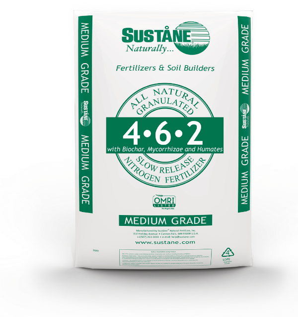 white with green product bag for Suståne 4-6-2 all natural w/ Biochar, Mycorrhizae, & Humates fertilizer