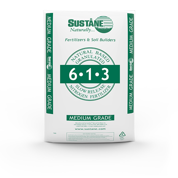 Sustane 6-1-3 natural slow release nitrogen fertilizer that provides organic nitrogen combined with nutrient rich compost for total plant nutrition.