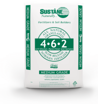 white with green product bag for Sust&aring;ne 4-6-2 all natural w/ Biochar, Mycorrhizae, & Humates fertilizer