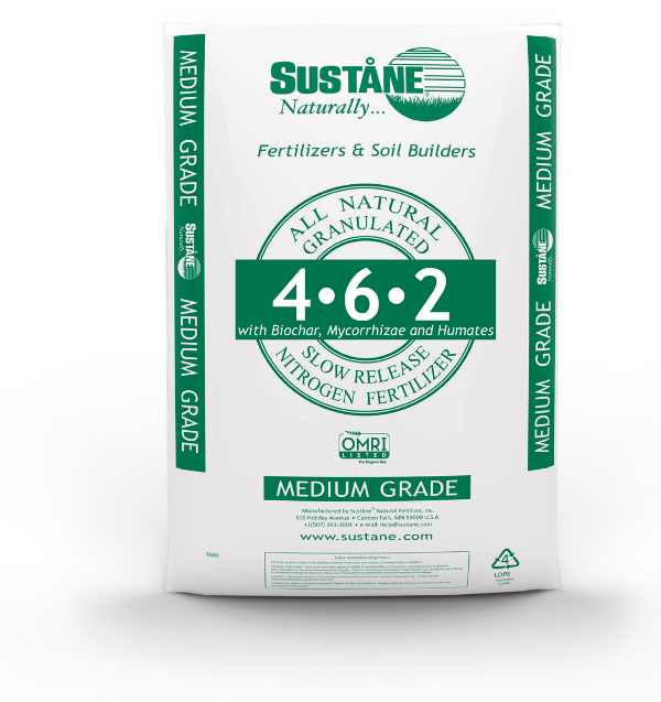 white with green product bag for Suståne 4-6-2 all natural w/ Biochar, Mycorrhizae, & Humates fertilizer
